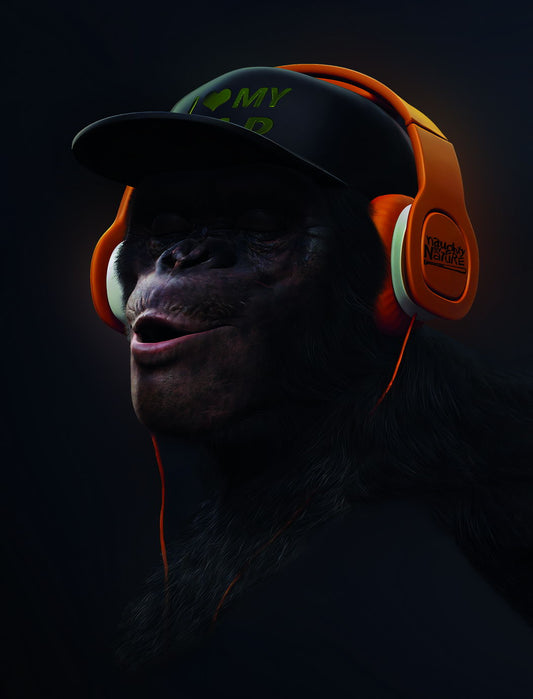 The Monkey in the Orange Cap with Рeadphones Animal Art Poster - xonomax