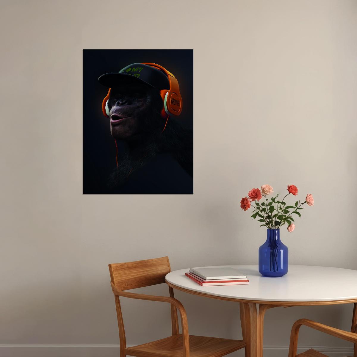 The Monkey in the Orange Cap with Рeadphones Animal Art Poster - xonomax