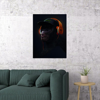 The Monkey in the Orange Cap with Рeadphones Animal Art Poster - xonomax
