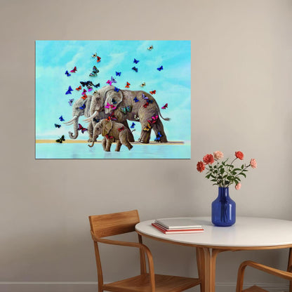Elephants Family With Butterflies Walks On The Sand At Sea Animal Art Poster - xonomax