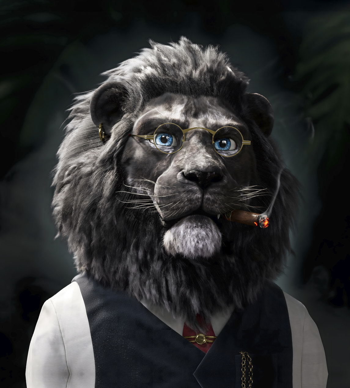 Lion White Shirt Vest Red Tie Glasses And Earring Animal Pop Art Poster - xonomax