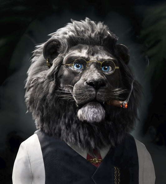 Lion White Shirt Vest Red Tie Glasses And Earring Animal Pop Art Poster - xonomax