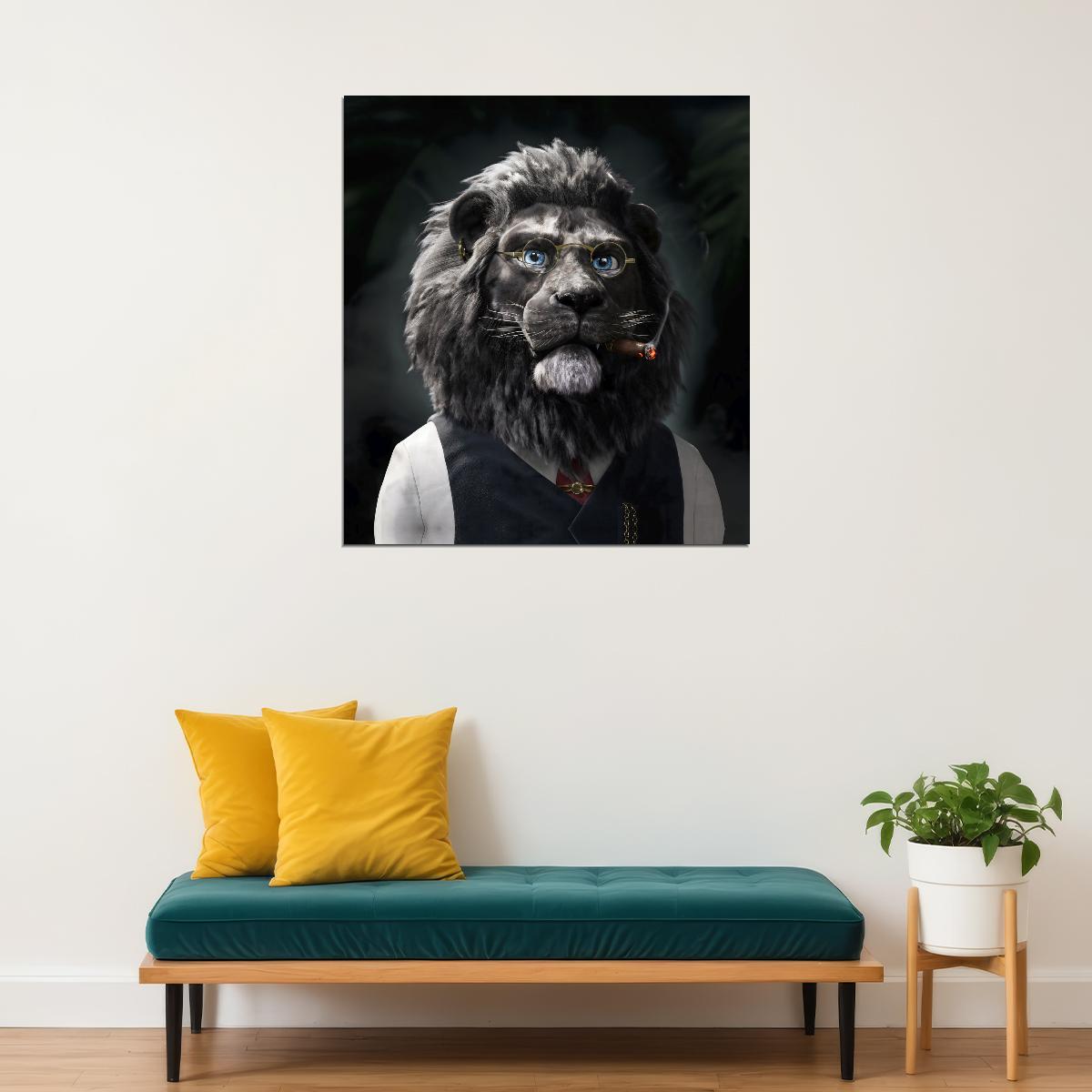 Lion White Shirt Vest Red Tie Glasses And Earring Animal Pop Art Poster - xonomax