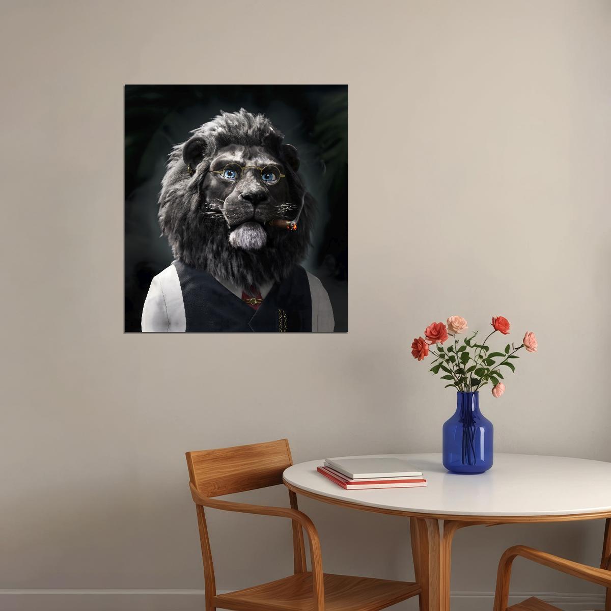 Lion White Shirt Vest Red Tie Glasses And Earring Animal Pop Art Poster - xonomax
