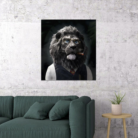 Lion White Shirt Vest Red Tie Glasses And Earring Animal Pop Art Poster - xonomax
