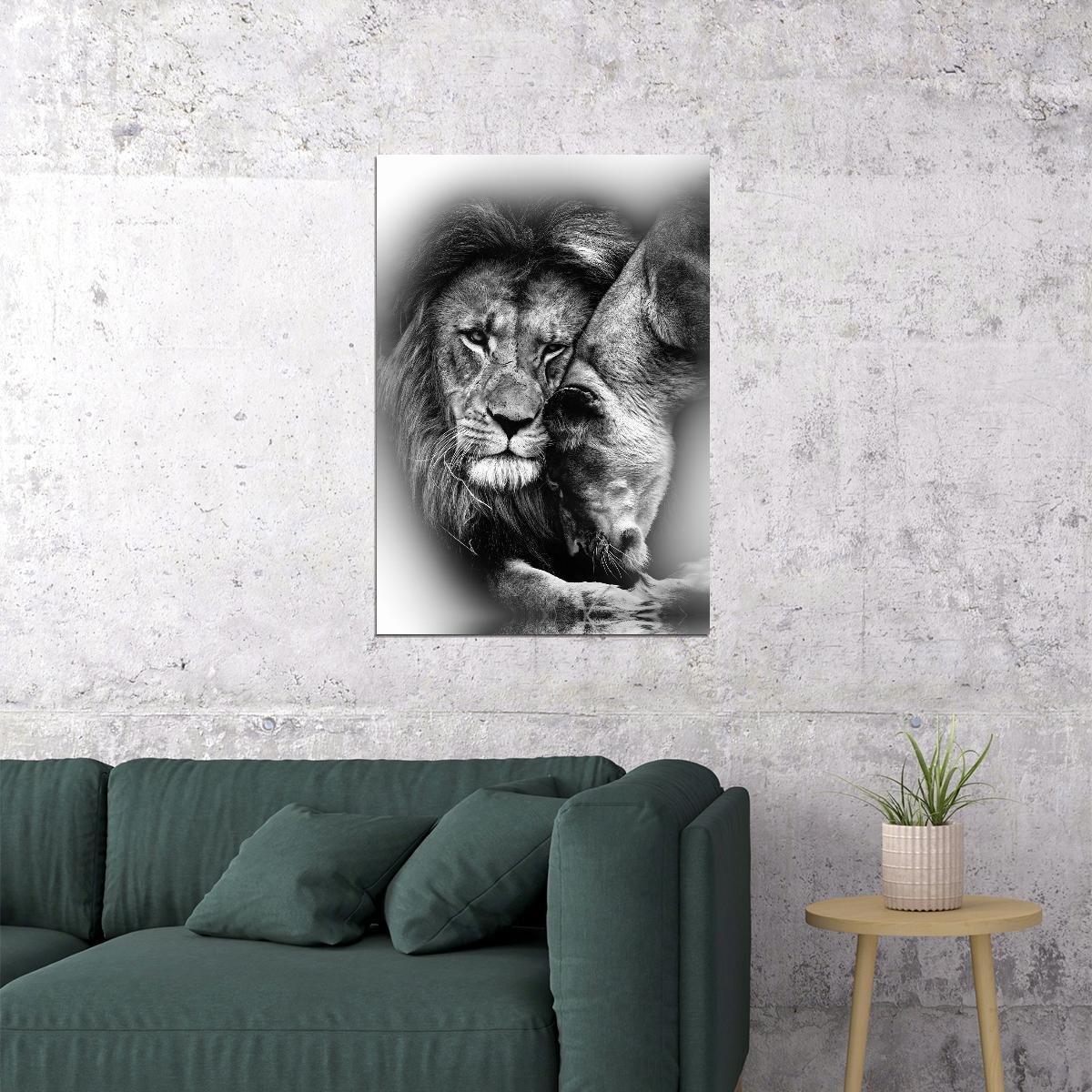 Lion And Lioness Black And White Animal Art Poster - xonomax