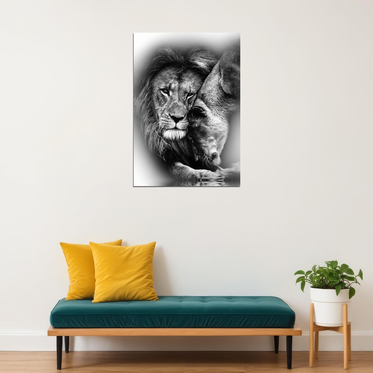 Lion And Lioness Black And White Animal Art Poster - xonomax