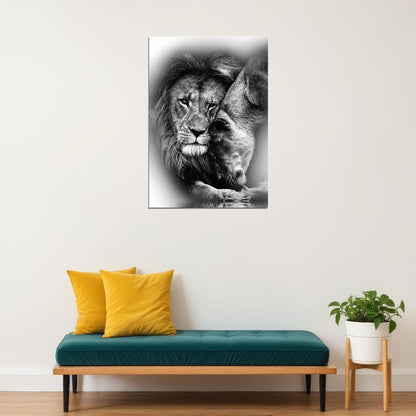 Lion And Lioness Black And White Animal Art Poster - xonomax