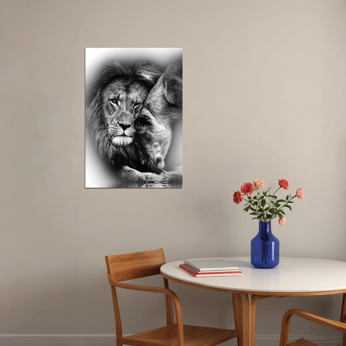 Lion And Lioness Black And White Animal Art Poster - xonomax