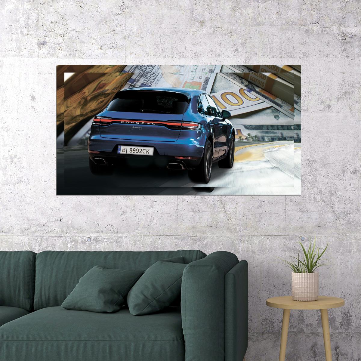 Blue Porshe Macan On Money Background