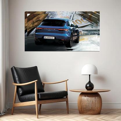 Blue Porshe Macan On Money Background