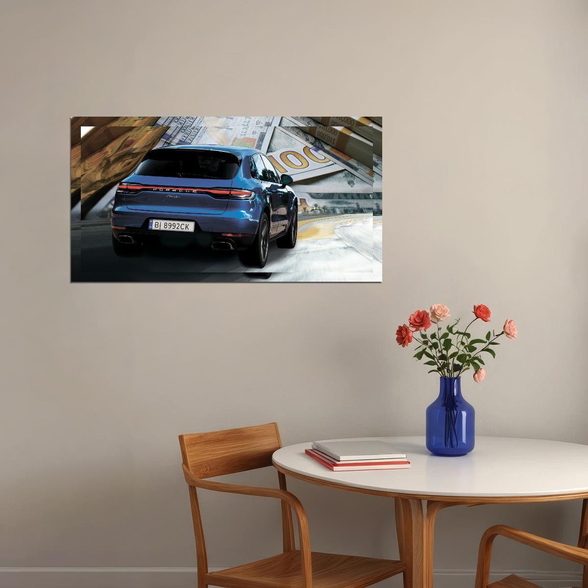 Blue Porshe Macan On Money Background