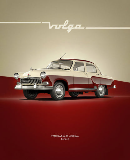 Red Volga Gaz 21 Car Retro Poster