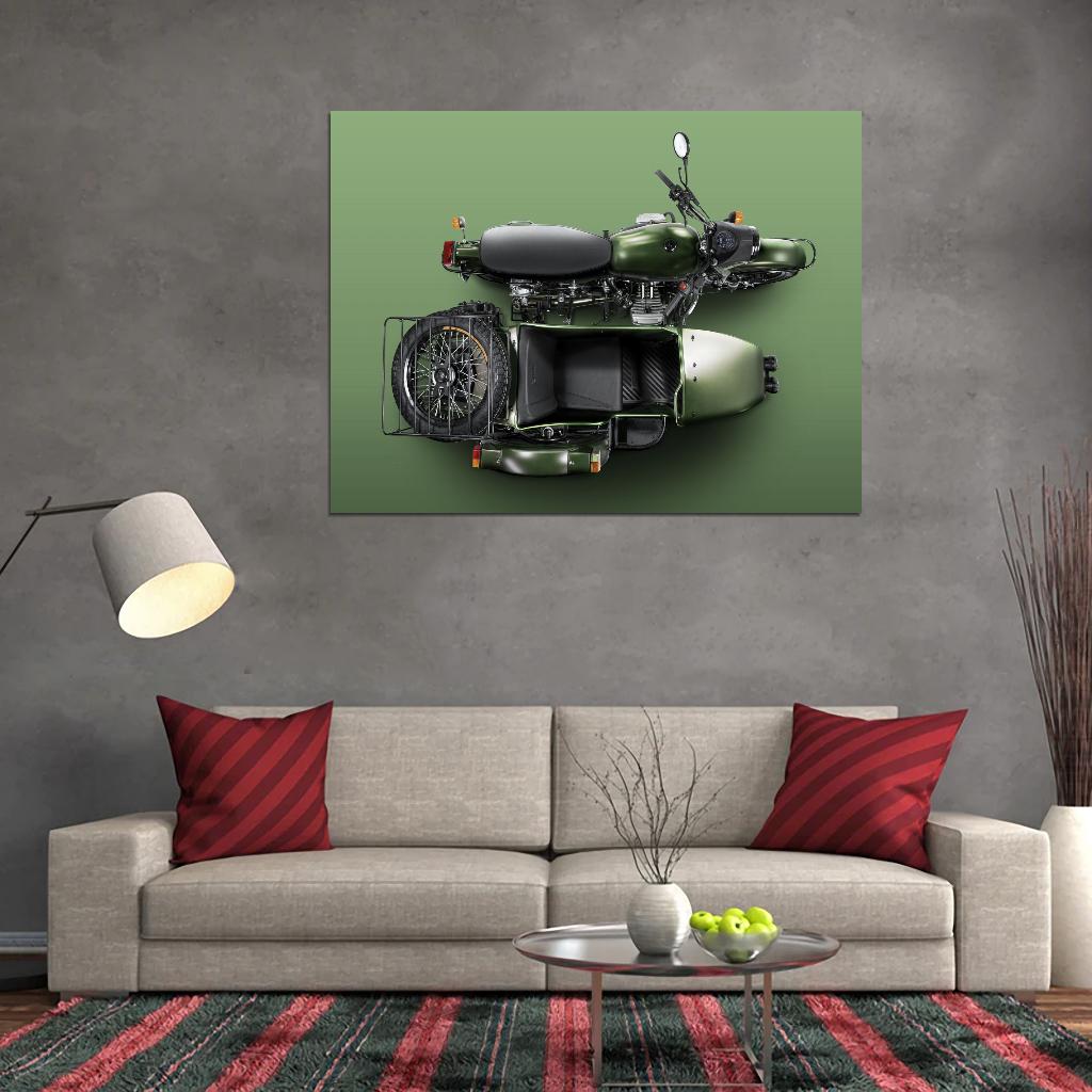 Green Motorcycle With Sidecar Vintage Poster