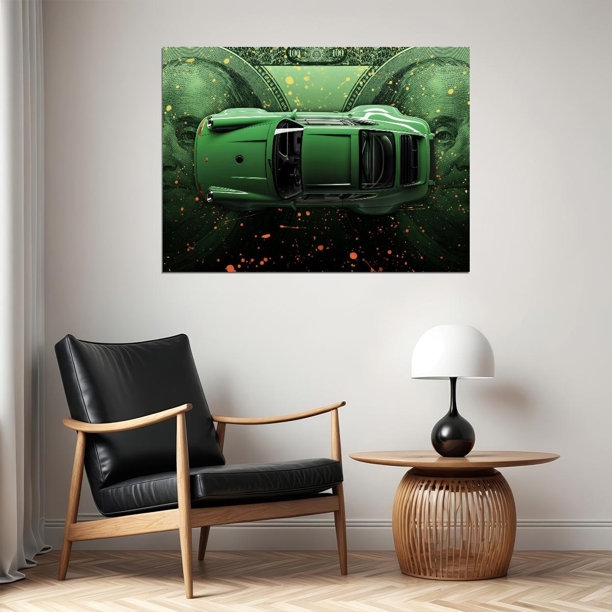 Green Porshe 911 Turbo Dollar Old Sportcar Car Poster