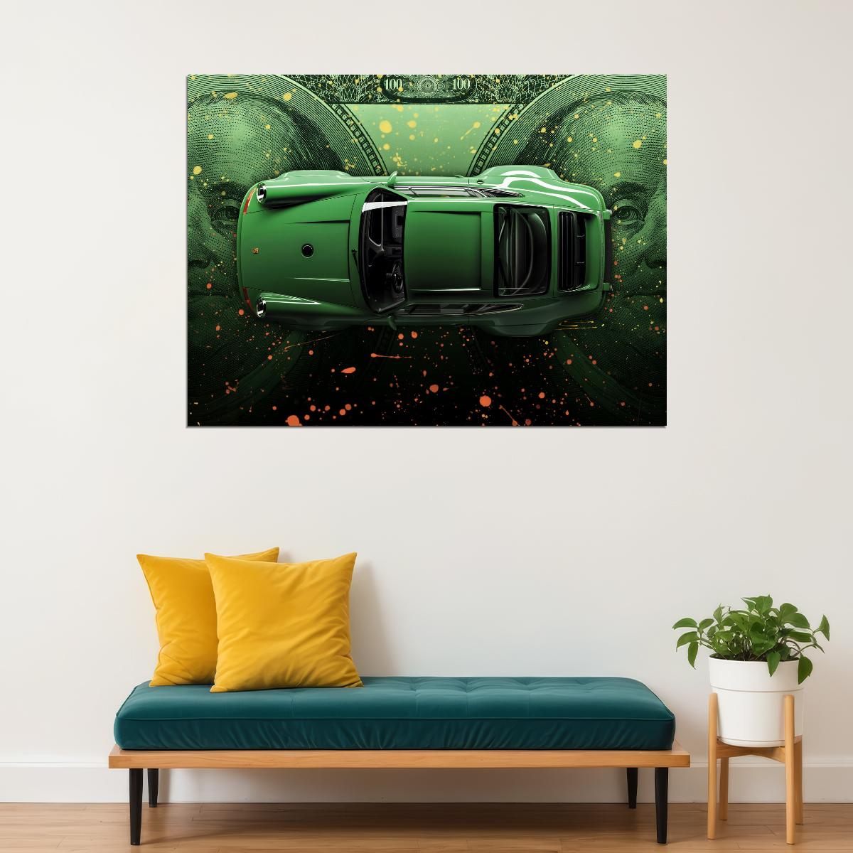 Green Porshe 911 Turbo Dollar Old Sportcar Car Poster