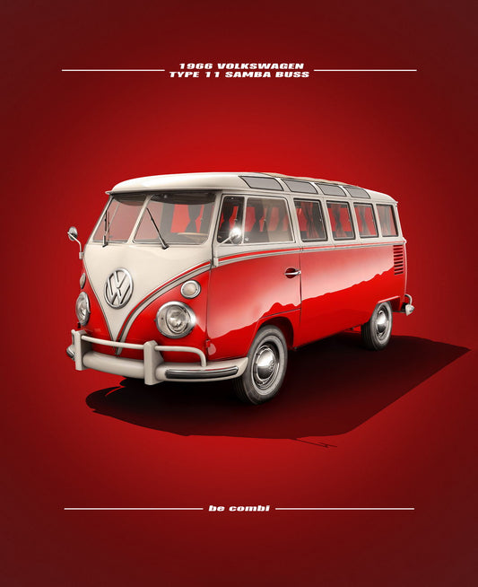 1966 Volkswagen Type 1 Samba Bus Classic Red and White Design Poster