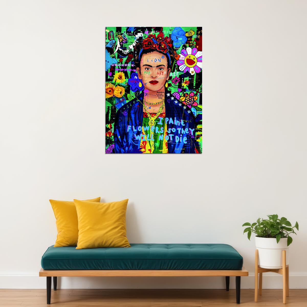 Vibrant Collage Flowers Graffiti Poster Blue Pop Art - xonomax