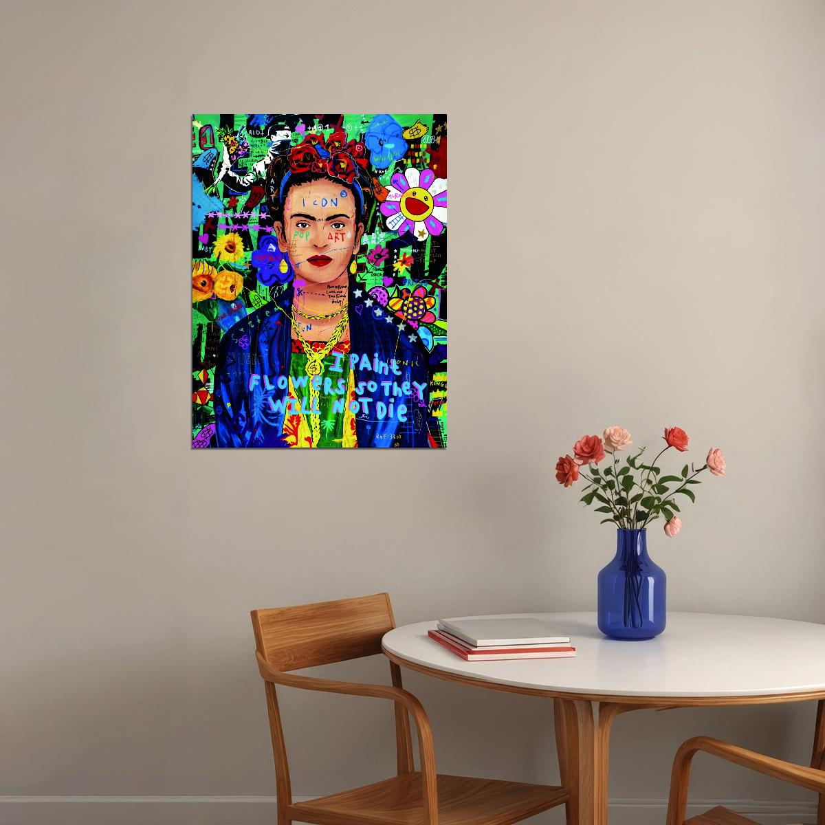 Vibrant Collage Flowers Graffiti Poster Blue Pop Art - xonomax
