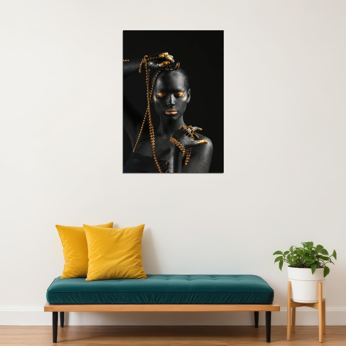 African Girl Art Black And Gold Posters Holding Golden Jewelry Black Women - xonomax