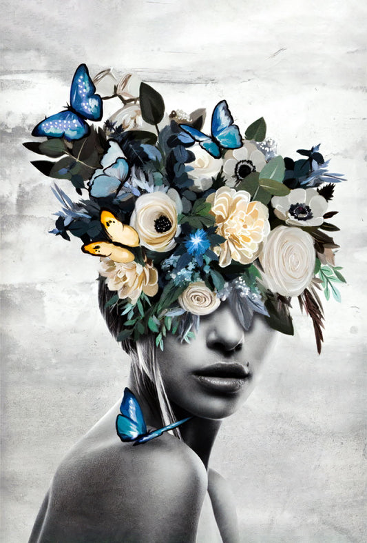 Poster Girl With Flowers And Blue Butterflies Painting Garden of Thoughts - xonomax