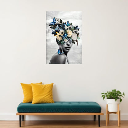 Poster Girl With Flowers And Blue Butterflies Painting Garden of Thoughts - xonomax