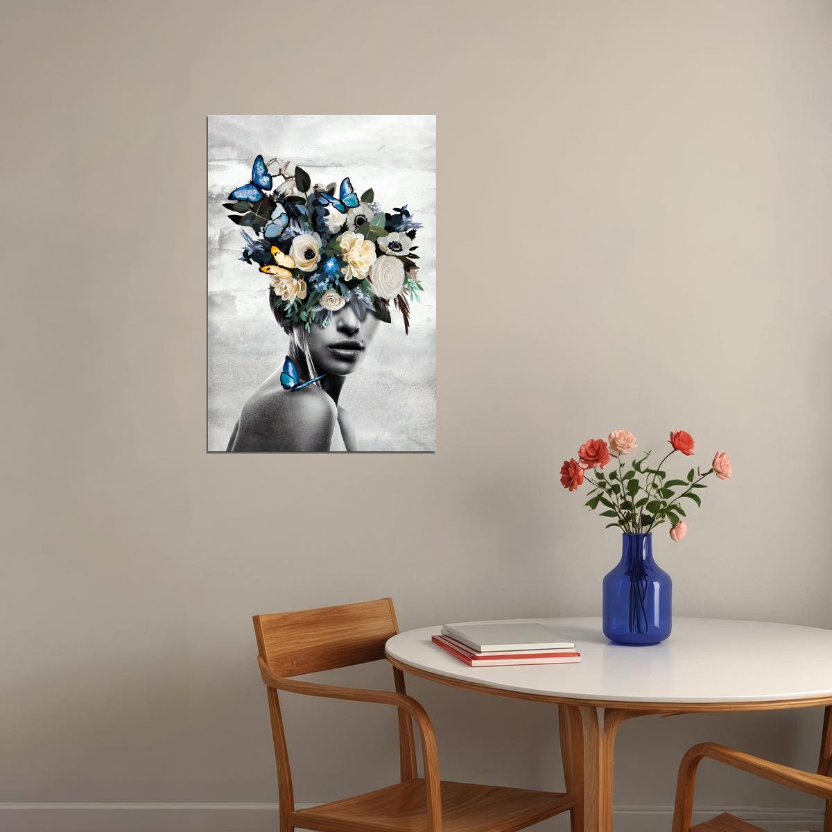 Poster Girl With Flowers And Blue Butterflies Painting Garden of Thoughts - xonomax