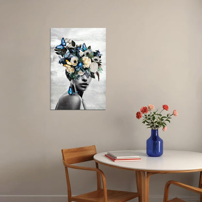 Poster Girl With Flowers And Blue Butterflies Painting Garden of Thoughts - xonomax
