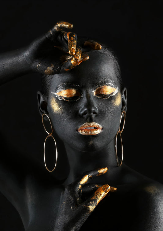 Black Nude African Woman Poster With Golden Finger And Lips Wall Art - xonomax