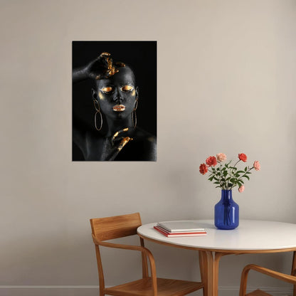 Black Nude African Woman Poster With Golden Finger And Lips Wall Art - xonomax