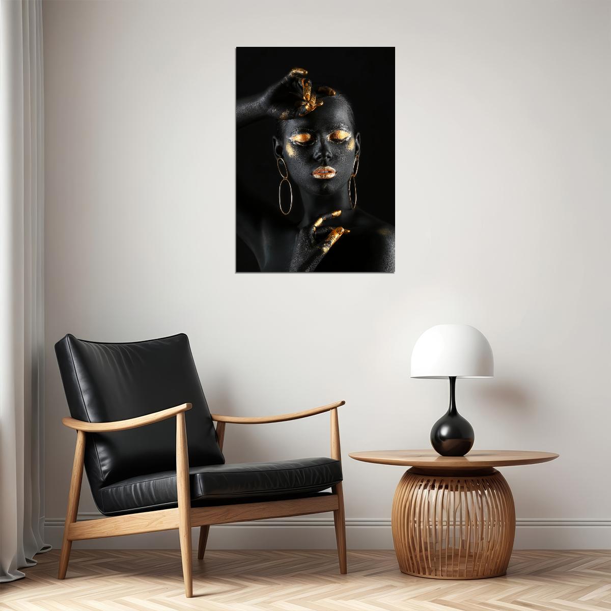 Black Nude African Woman Poster With Golden Finger And Lips Wall Art - xonomax