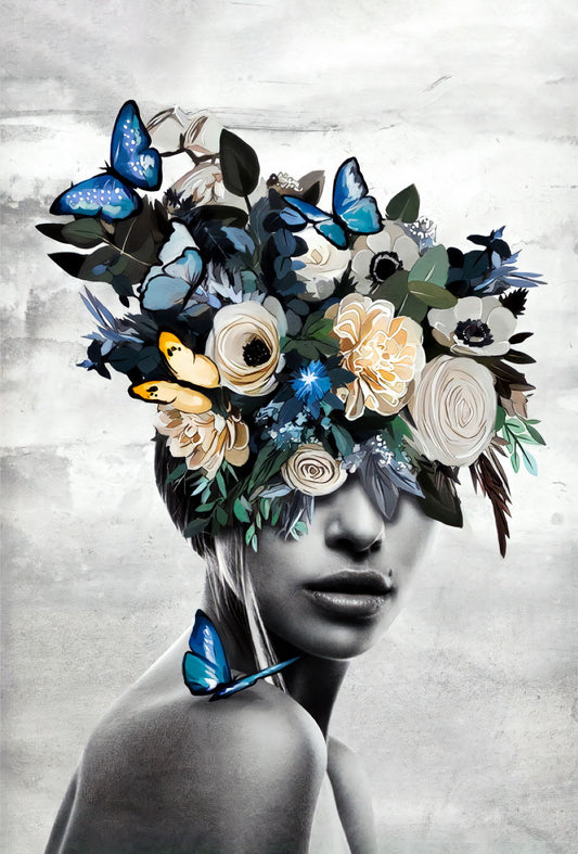Poster Girl With Flowers And Blue Butterflies Painting Garden of Thoughts - xonomax