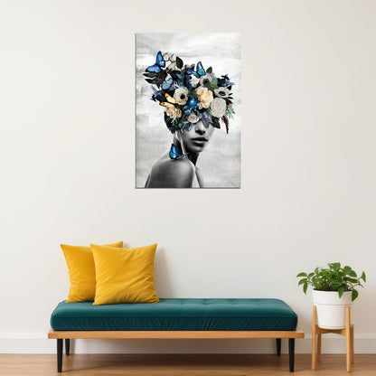 Poster Girl With Flowers And Blue Butterflies Painting Garden of Thoughts - xonomax