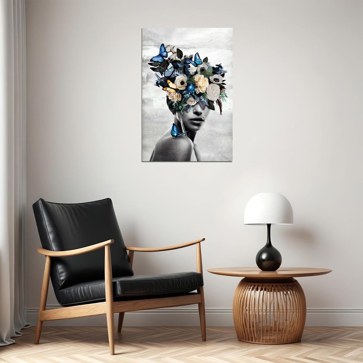 Poster Girl With Flowers And Blue Butterflies Painting Garden of Thoughts - xonomax