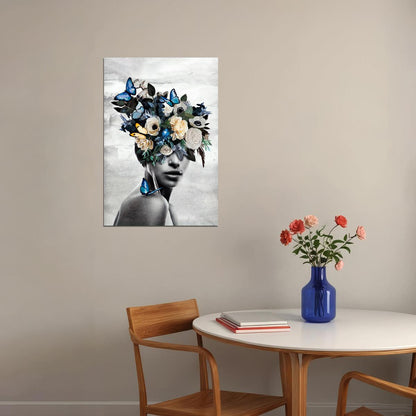 Poster Girl With Flowers And Blue Butterflies Painting Garden of Thoughts - xonomax
