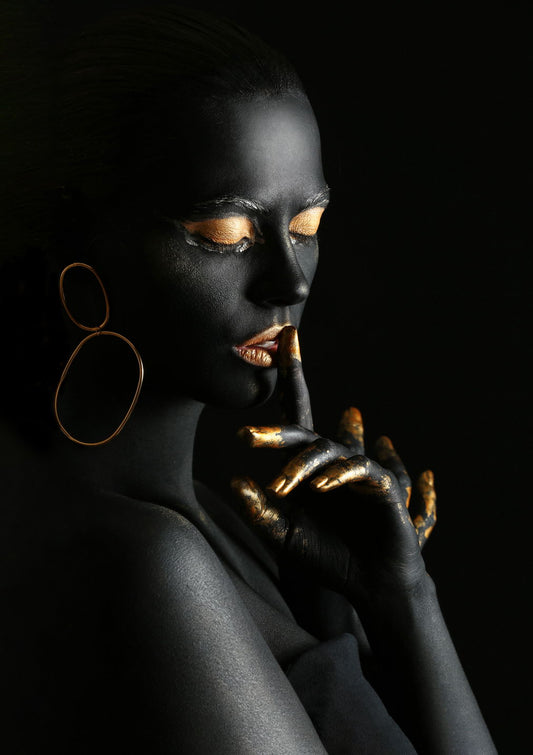Black Nude African Woman Poster Silence With Golden Finger And Lips - xonomax