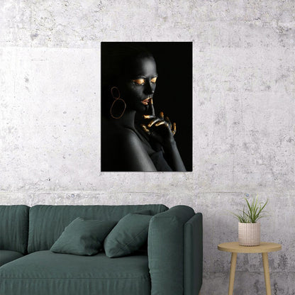 Black Nude African Woman Poster Silence With Golden Finger And Lips - xonomax