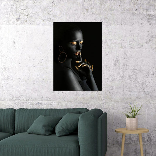 Black Nude African Woman Poster Silence With Golden Finger And Lips - xonomax