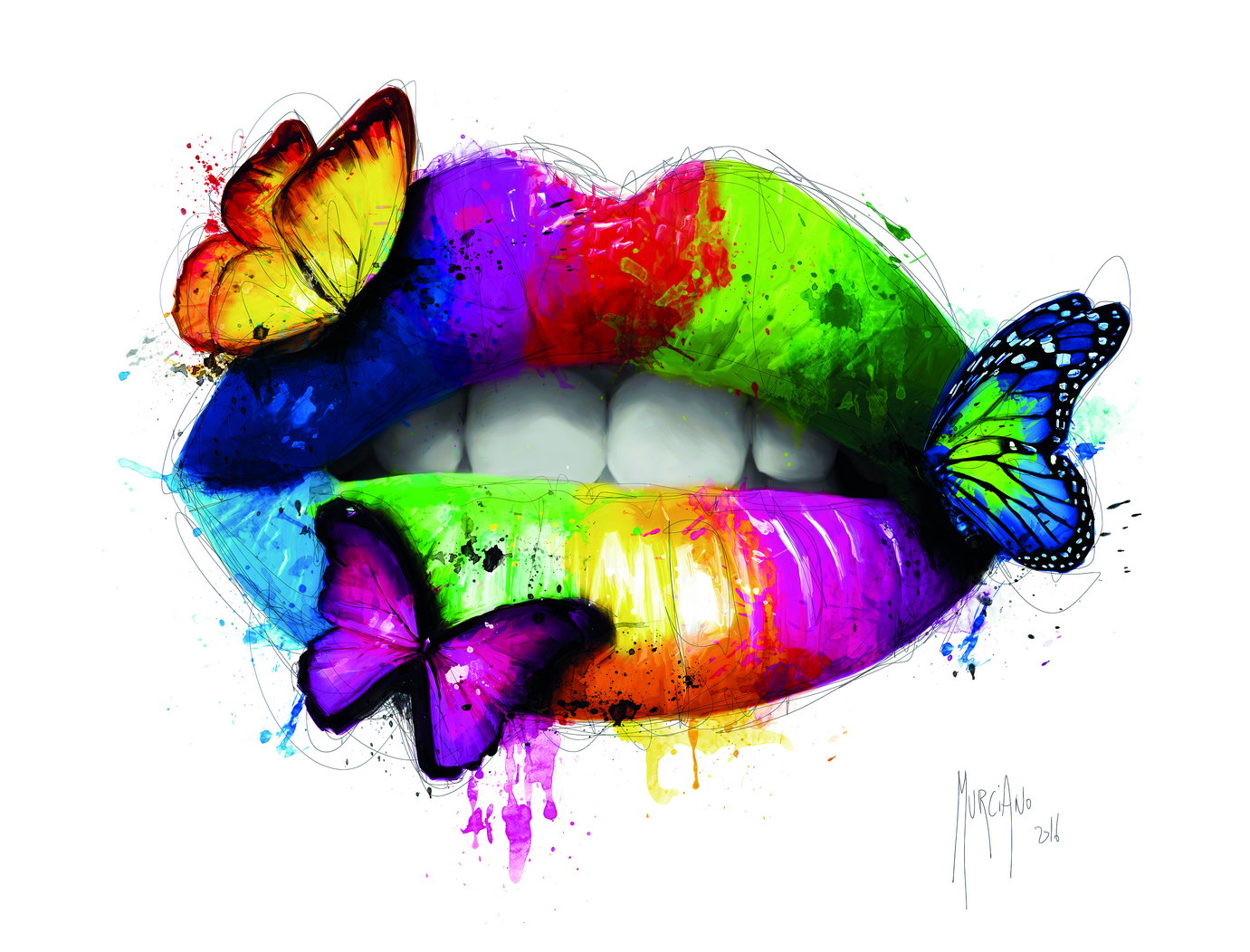 Women Lips Colorful Poster Butterfly Kiss Multicolor Wall Art - xonomax