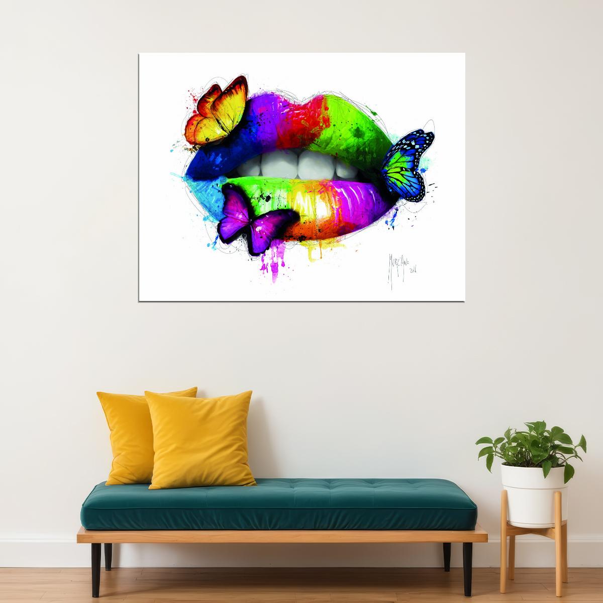 Women Lips Colorful Poster Butterfly Kiss Multicolor Wall Art - xonomax
