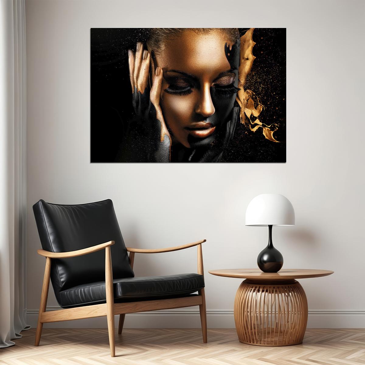 Abstract Girl Poster Golden Fashion Gold Fingers Face Women Wall Art - xonomax