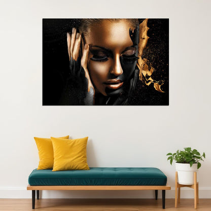 Abstract Girl Poster Golden Fashion Gold Fingers Face Women Wall Art - xonomax