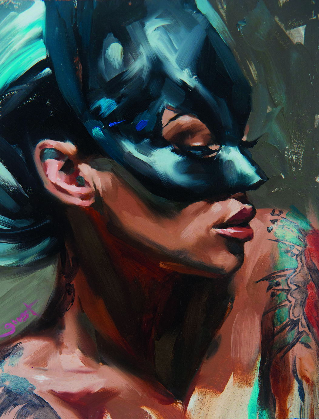 Cat Girl Poster Interior Black Painting Large Oil Tattoo Wall Art - xonomax