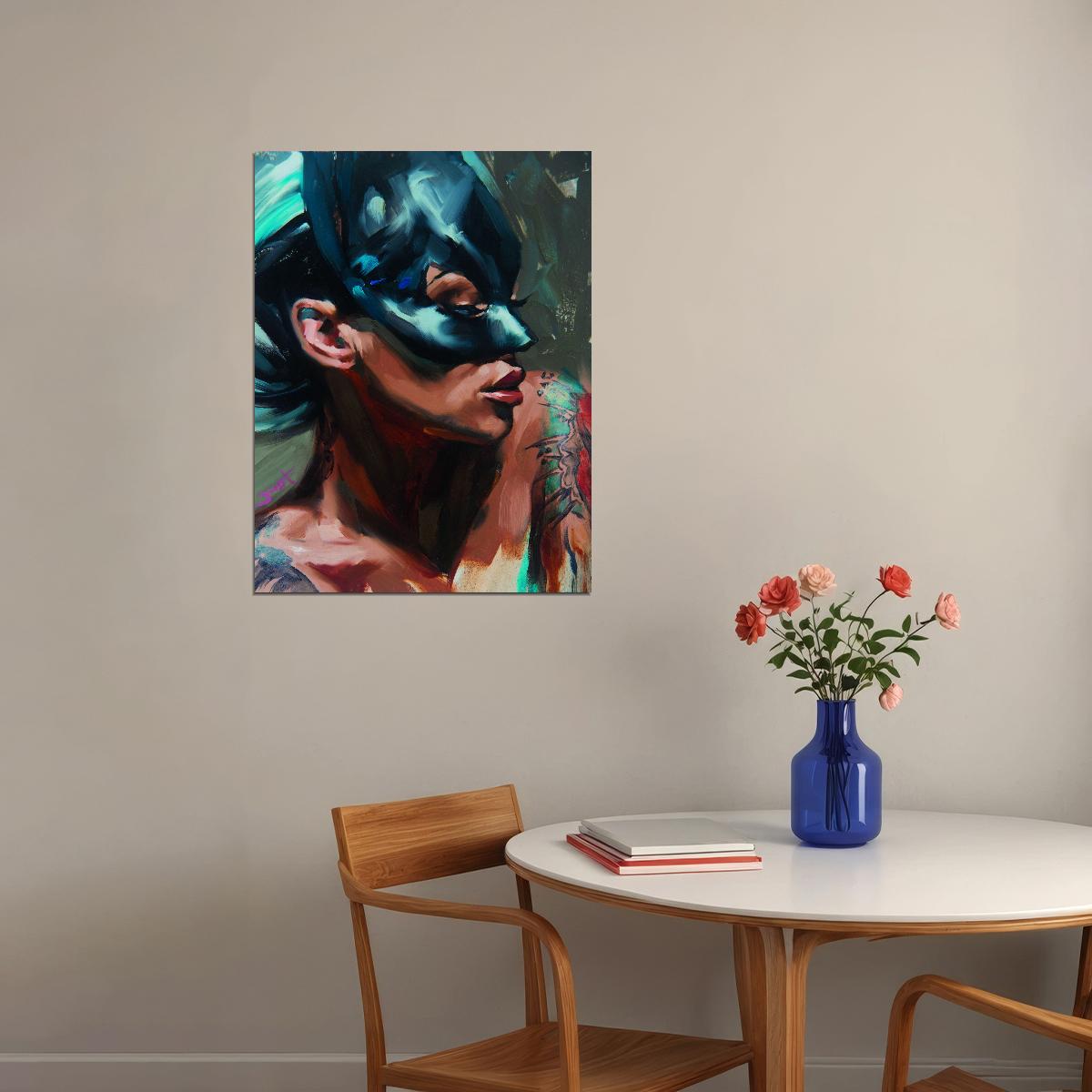 Cat Girl Poster Interior Black Painting Large Oil Tattoo Wall Art - xonomax