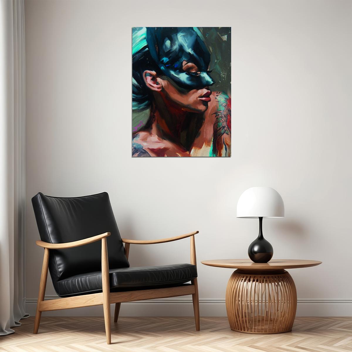 Cat Girl Poster Interior Black Painting Large Oil Tattoo Wall Art - xonomax