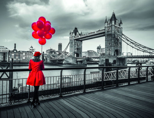 Red Dress Woman Poster Red Balloon Black White Bridge Modern Art Painting - xonomax