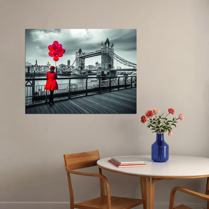 Red Dress Woman Poster Red Balloon Black White Bridge Modern Art Painting - xonomax