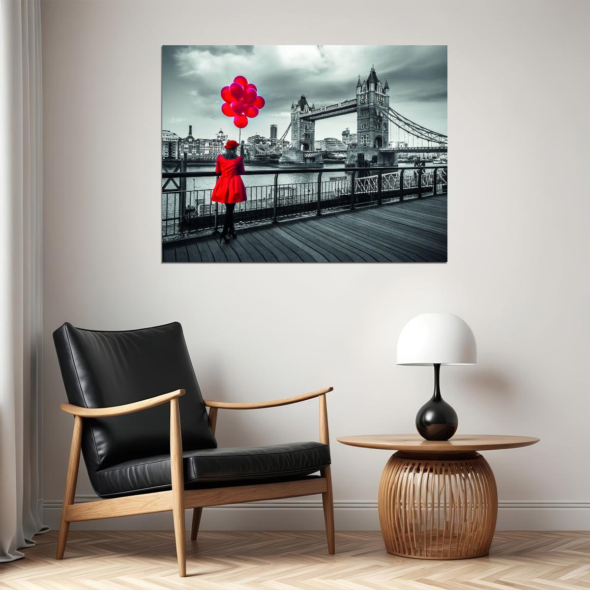 Red Dress Woman Poster Red Balloon Black White Bridge Modern Art Painting - xonomax