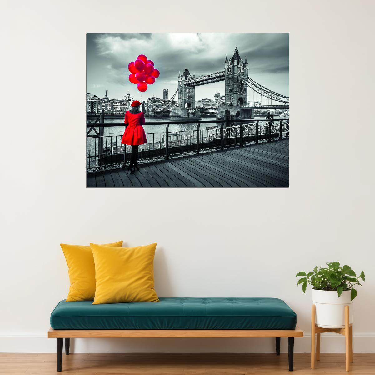 Red Dress Woman Poster Red Balloon Black White Bridge Modern Art Painting - xonomax