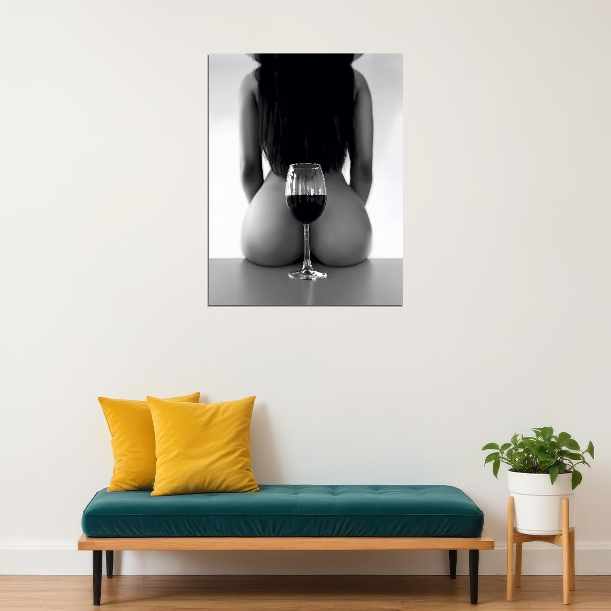 Painting Nude Girl Poster Sexy Woman Red Wine Glass Black White Style - xonomax
